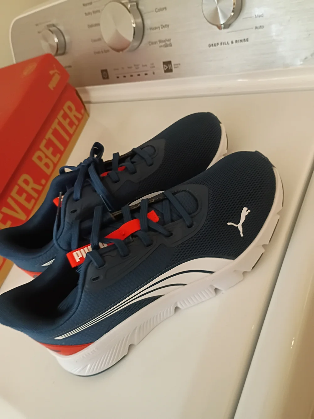 Puma Navy Blue and White Athletic Sneakers with Red Accents